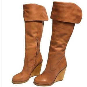 Cognac Tan  Ralph Lauren wedge knee high Leather Boots